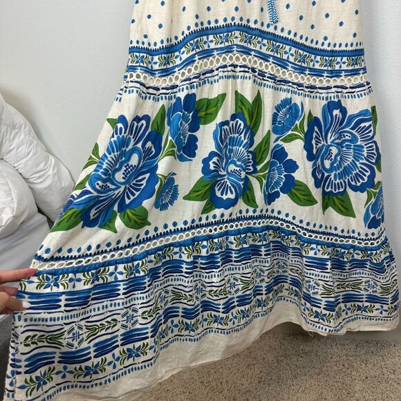 Farm Rio Off White Macaw Flight Maxi Dress L Boho Linen Blend Tiered Summer - Picture 10 of 14
